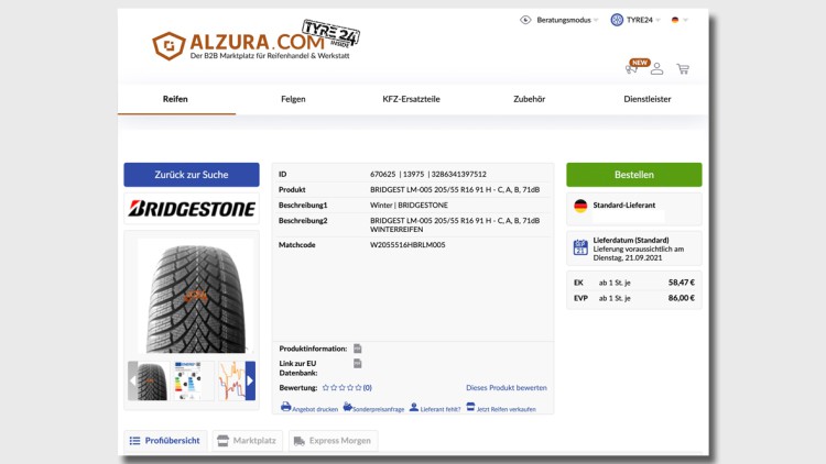 Screenshot Alzura Tyre24; Reifenhandel; B2B-Reifenplattform