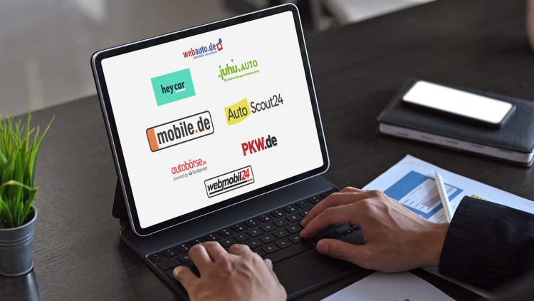 Logos von Online-Gebrauchtwagenbörsen auf einem Monitor