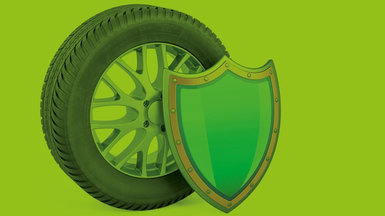 Reifen und Schutzschild in Grüntönen symbolisiern das Garantiepaket GETTYGO Plus