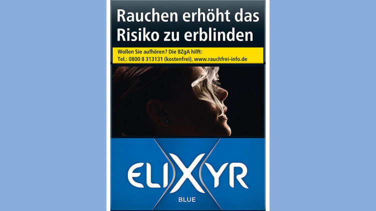 Eine Packung der Zigarette Elixyr Blue mit 29 Stück. Auf der Vorderseite ist der Warnhinweis "Rauchen erhöht das Risiko zu erblinden" zu sehen.