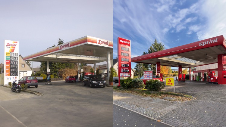 Damals und heute: Die Sprint-Tankstelle im Grünen Weg in Berlin zum Zeitpunkt der Übernahme durch die BMV Anfang der 2000er Jahre und heute.