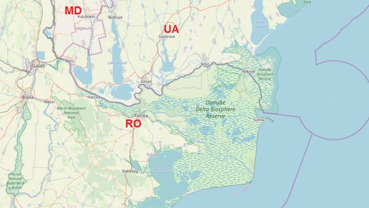 Karte des Donaudeltas im Dreiländereck Ukraine-Rumänien-Moldawien