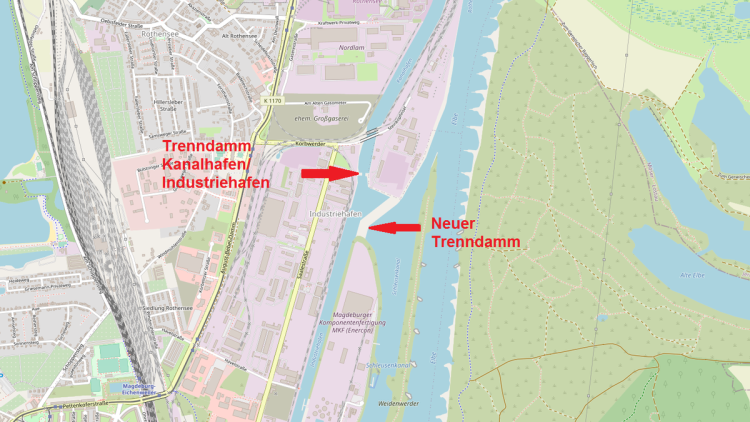 Kartenansicht des Magdeburger Hafens mit den Trenndämmen