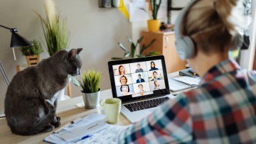Eine junge Frau sitzt vor ihrem Laptop in einer Videokonferenz mit Kollegen im Homeoffice. Neben ihr auf dem Schreibtisch sitzt eine Katze (Symbolbild mit Fotomodell)