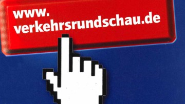 Werbung für Website www.verkehrsrundschau.de, eine Computerhand klickt es an