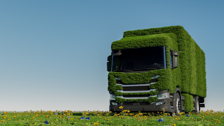 3D-Graphik eines bewachsenen Lkw auf einer Blumenwiese