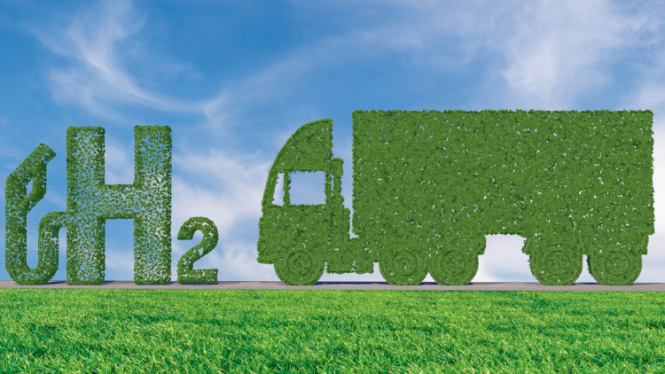 Wasserstoff als alternativer Antrieb symbolisiert durch einen grünen Lkw und dem Schriftzug "H2".