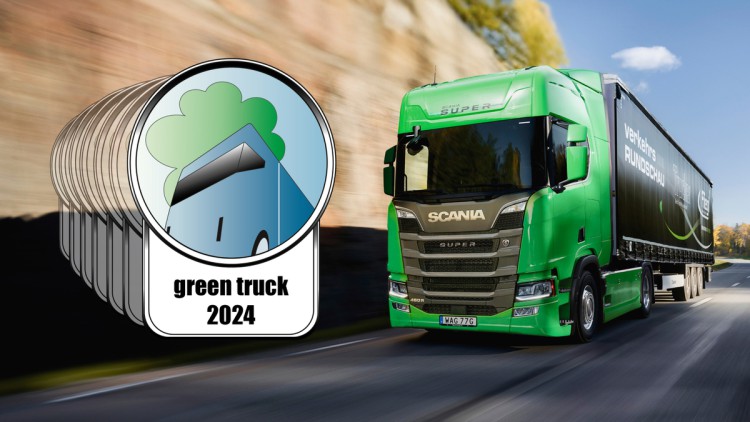 Grüner Scania 460 R und Green Truck Award Logo